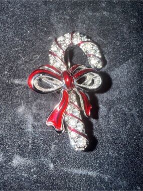 Red Enamel & Crystal Candy Cane Brooch with Bow